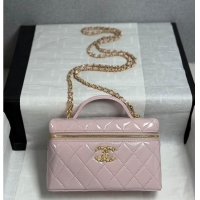 Pretty Style Chanel Top Handle Long Vanity Case with Chain Shiny Lambskin Aged Gold Hardware AS6284 Light Pink