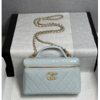Top Design Chanel Top Handle Long Vanity Case with Chain Shiny Lambskin Aged Gold Hardware AS6284 Light Blue