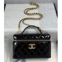 Discount Chanel Top Handle Long Vanity Case with Chain Shiny Lambskin Aged Gold Hardware AS6284 Black