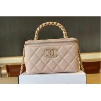 Buy New Cheap Chanel Vanity Case With Top Handle Grained Leather Gold tone metal AS6285 Light Beige