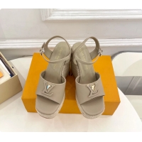 Purchase Louis Vuitton LV Mare Wedge Espadrrile Sandals Gray Calfskin Leather 120MM 6062108