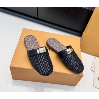 Luxury Louis Vuitton Javen Flat Open Back Mules Black Braided Calf Leather 6062205