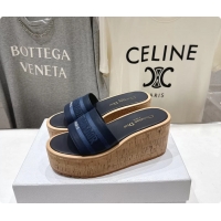 Top Design Dior Dway Platform Slide Sandals Navy Blue Grained Calfskin 6062603