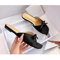 Classic Hot Dior Bow Flat Mule Slides Sandals Black Satin 6062704