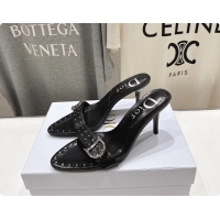 Stylish Dior Studded Black Leather High Heeled Slides Sandals 85MM 6062806