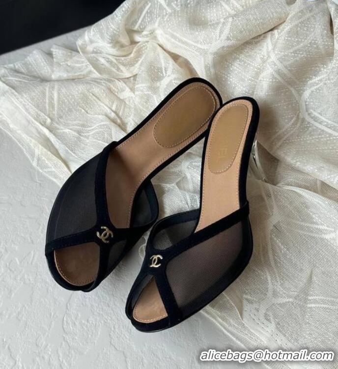 Good Quality Chanel Mesh and Suede High Heel Slides Sandals 10cm Black 601094