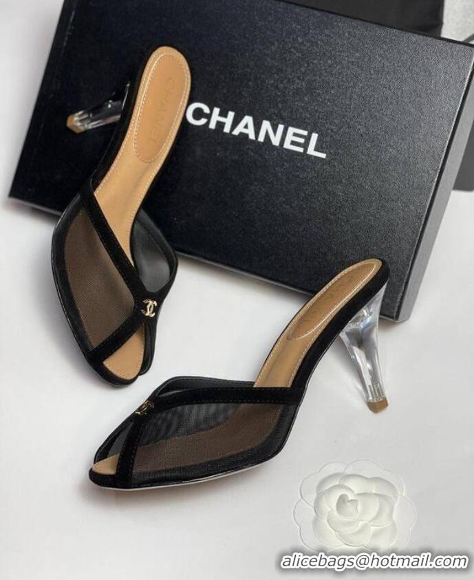 Good Quality Chanel Mesh and Suede High Heel Slides Sandals 10cm Black 601094