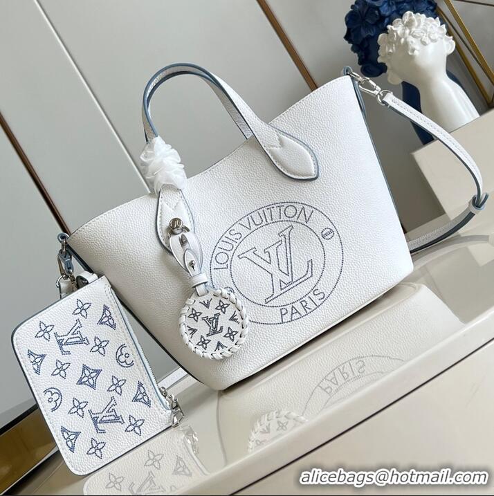 Sophisticated Louis Vuitton Blossom PM Tote Bag in Mahina Perforated Calfskin M11734 White/Blue 2024