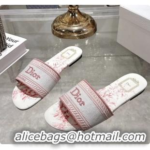 Shop Duplicate Dior Dioriviera Dway Flat Slides Sandals Pink and White Embroidered Cotton and Toile de Jouy Floral Garde