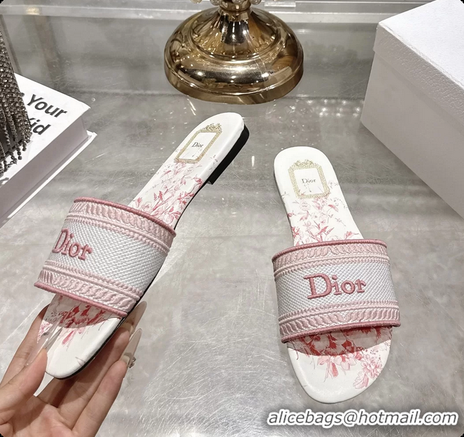 Shop Duplicate Dior Dioriviera Dway Flat Slides Sandals Pink and White Embroidered Cotton and Toile de Jouy Floral Garde