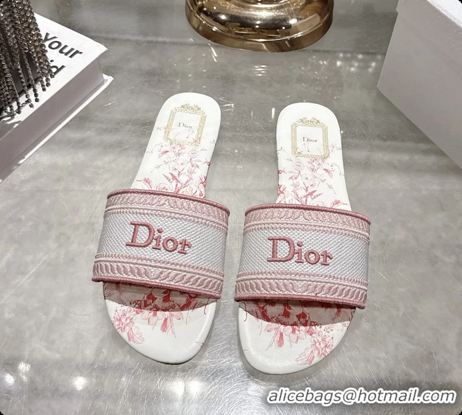 Shop Duplicate Dior Dioriviera Dway Flat Slides Sandals Pink and White Embroidered Cotton and Toile de Jouy Floral Garde