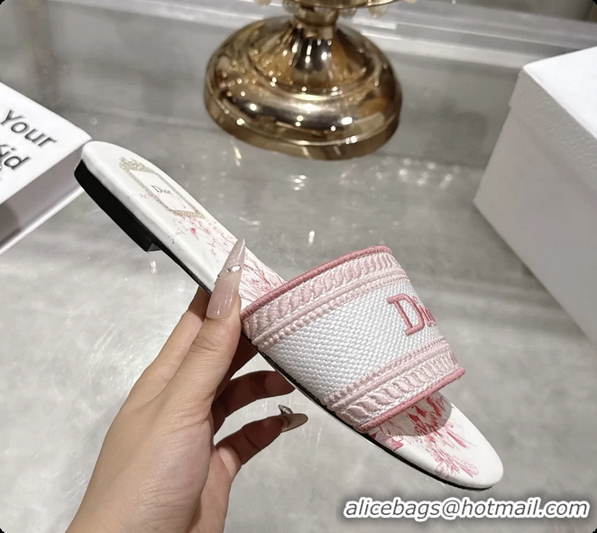 Shop Duplicate Dior Dioriviera Dway Flat Slides Sandals Pink and White Embroidered Cotton and Toile de Jouy Floral Garde