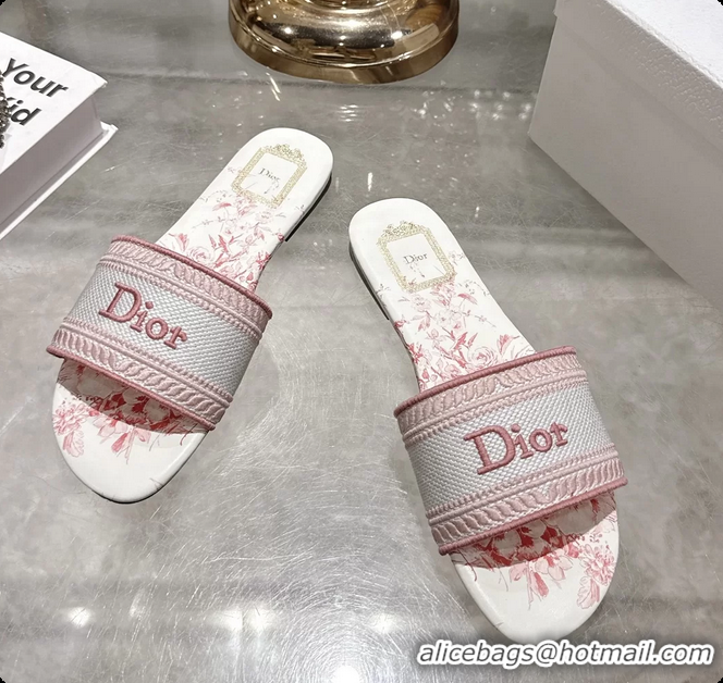 Shop Duplicate Dior Dioriviera Dway Flat Slides Sandals Pink and White Embroidered Cotton and Toile de Jouy Floral Garde