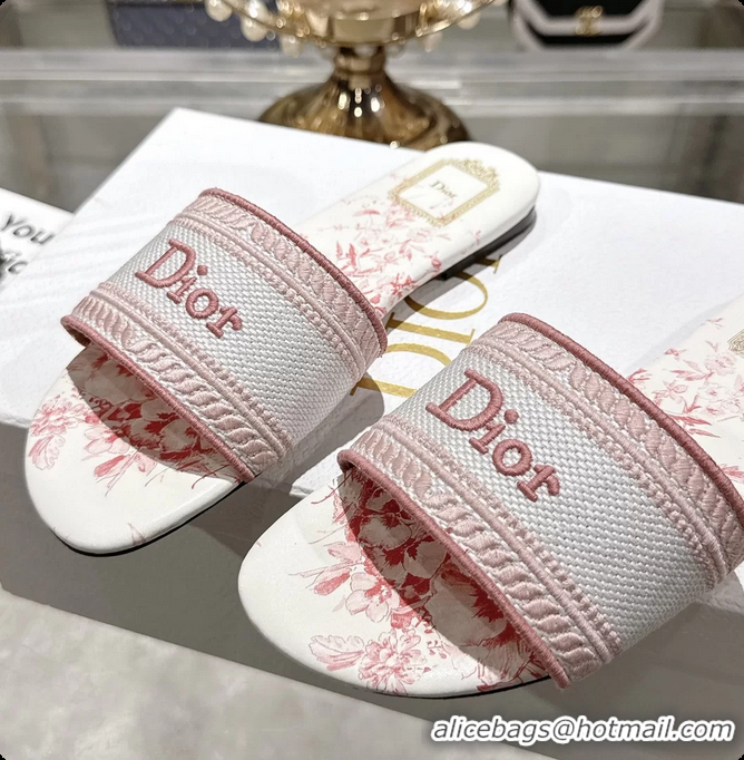 Shop Duplicate Dior Dioriviera Dway Flat Slides Sandals Pink and White Embroidered Cotton and Toile de Jouy Floral Garde