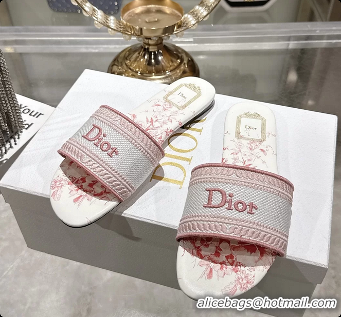 Shop Duplicate Dior Dioriviera Dway Flat Slides Sandals Pink and White Embroidered Cotton and Toile de Jouy Floral Garde