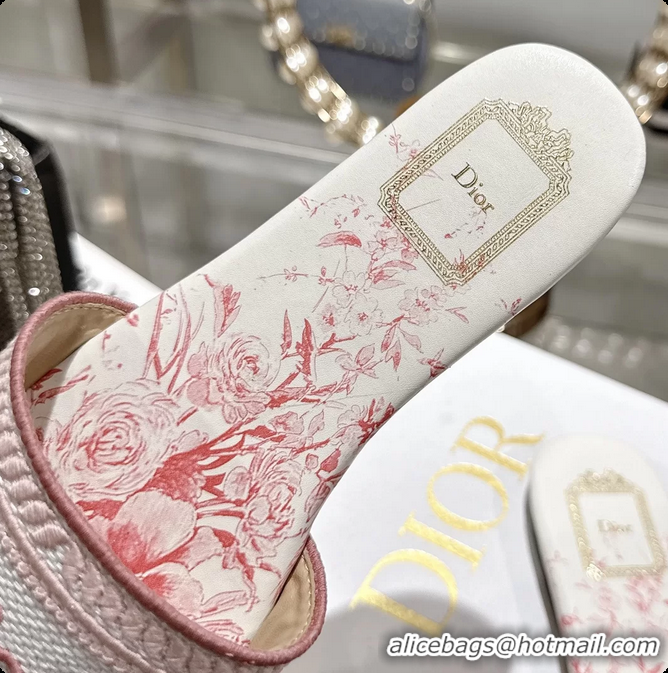 Shop Duplicate Dior Dioriviera Dway Flat Slides Sandals Pink and White Embroidered Cotton and Toile de Jouy Floral Garde