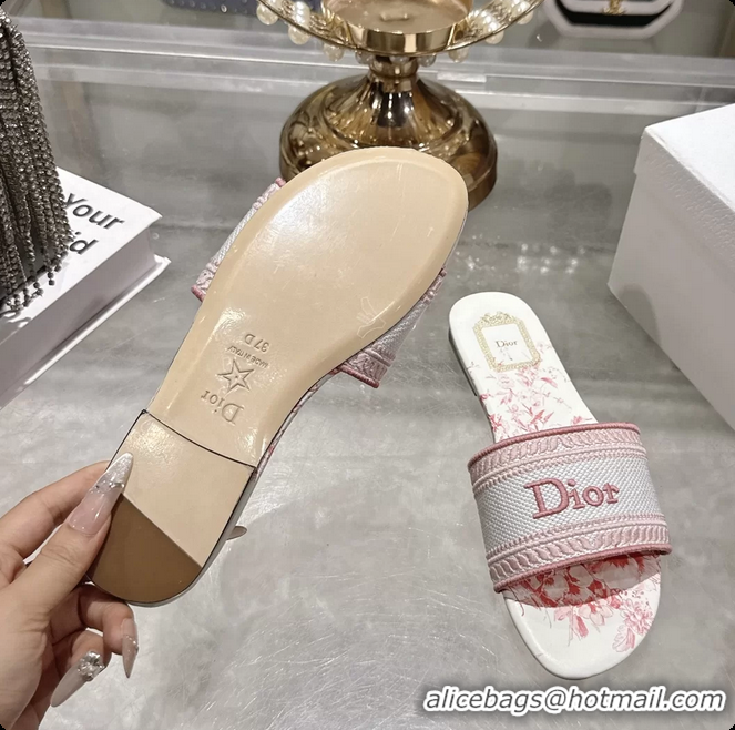 Shop Duplicate Dior Dioriviera Dway Flat Slides Sandals Pink and White Embroidered Cotton and Toile de Jouy Floral Garde