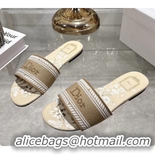 Good Quality Dior Dioriviera Dway Flat Slides Sandals Beige and White Embroidered Cotton and Toile de Jouy Floral Garden
