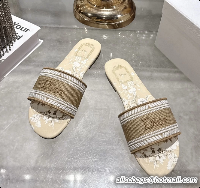Good Quality Dior Dioriviera Dway Flat Slides Sandals Beige and White Embroidered Cotton and Toile de Jouy Floral Garden