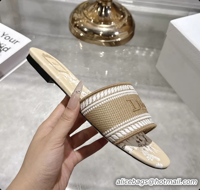 Good Quality Dior Dioriviera Dway Flat Slides Sandals Beige and White Embroidered Cotton and Toile de Jouy Floral Garden