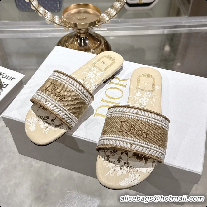 Good Quality Dior Dioriviera Dway Flat Slides Sandals Beige and White Embroidered Cotton and Toile de Jouy Floral Garden