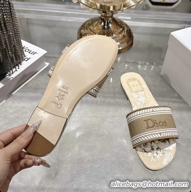 Good Quality Dior Dioriviera Dway Flat Slides Sandals Beige and White Embroidered Cotton and Toile de Jouy Floral Garden