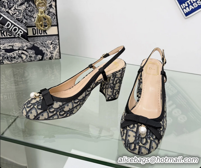 Low Price Dior Ballet Slingback Pumps Cotton Embroidered with Deep Blue Dior Oblique 80MM 6063012