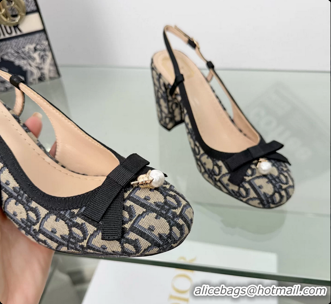 Low Price Dior Ballet Slingback Pumps Cotton Embroidered with Deep Blue Dior Oblique 80MM 6063012