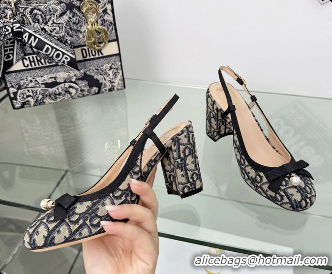 Low Price Dior Ballet Slingback Pumps Cotton Embroidered with Deep Blue Dior Oblique 80MM 6063012