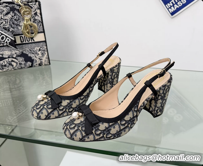 Low Price Dior Ballet Slingback Pumps Cotton Embroidered with Deep Blue Dior Oblique 80MM 6063012