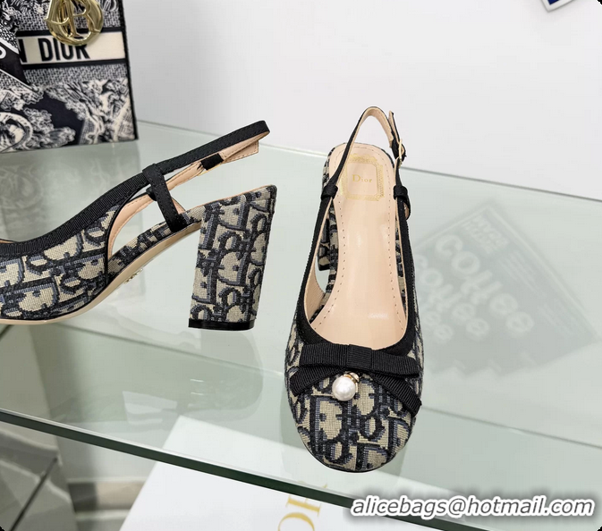 Low Price Dior Ballet Slingback Pumps Cotton Embroidered with Deep Blue Dior Oblique 80MM 6063012