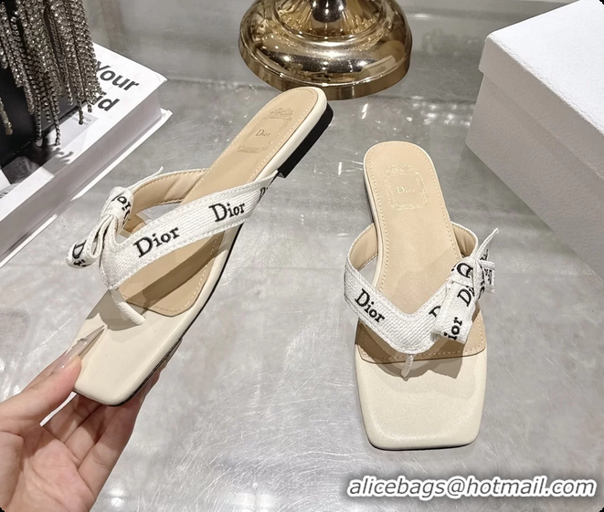 Good Quality Dior Jadior Flat Thong Sandals White Embroidered Cotton and Trench lambskin 6070201