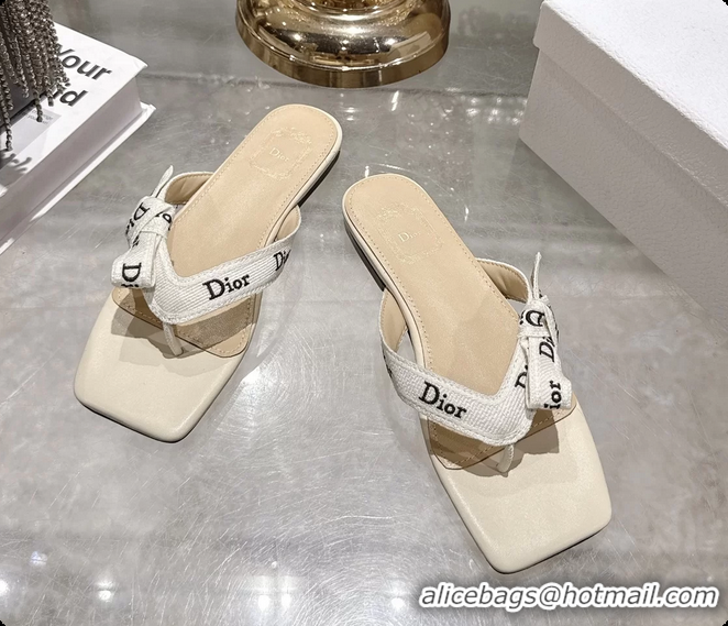 Good Quality Dior Jadior Flat Thong Sandals White Embroidered Cotton and Trench lambskin 6070201