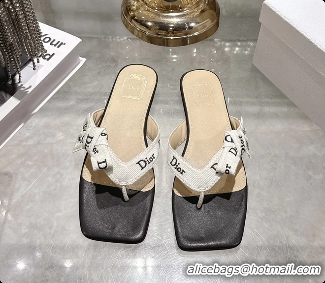 Grade Quality Dior Jadior Flat Thong Sandals White Black Embroidered Cotton and Trench lambskin 6070201