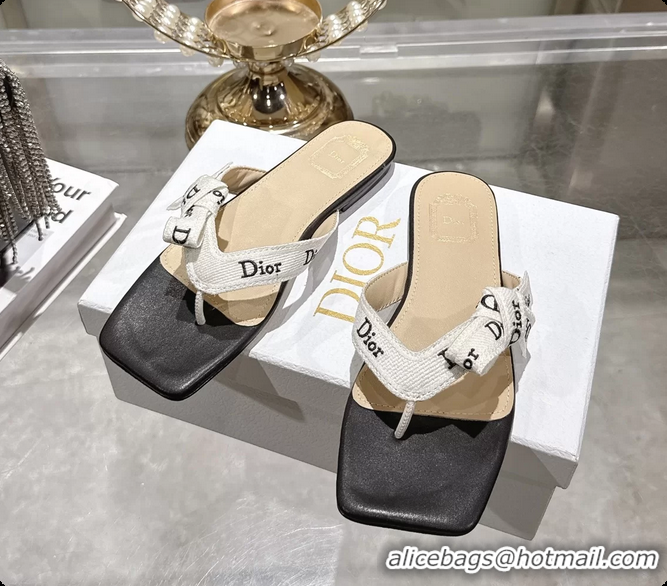 Grade Quality Dior Jadior Flat Thong Sandals White Black Embroidered Cotton and Trench lambskin 6070201
