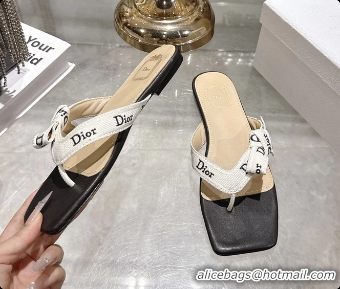 Grade Quality Dior Jadior Flat Thong Sandals White Black Embroidered Cotton and Trench lambskin 6070201
