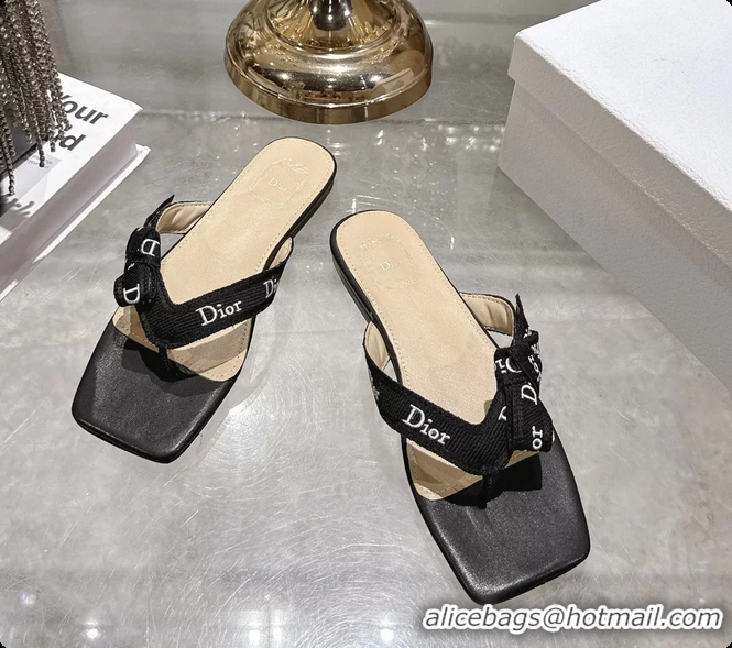 Best Grade Dior Jadior Flat Thong Sandals Black Embroidered Cotton and Trench lambskin 6070201
