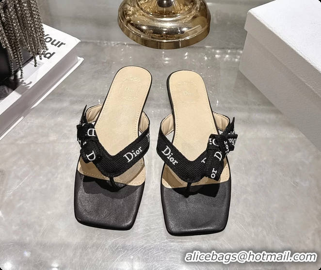 Best Grade Dior Jadior Flat Thong Sandals Black Embroidered Cotton and Trench lambskin 6070201