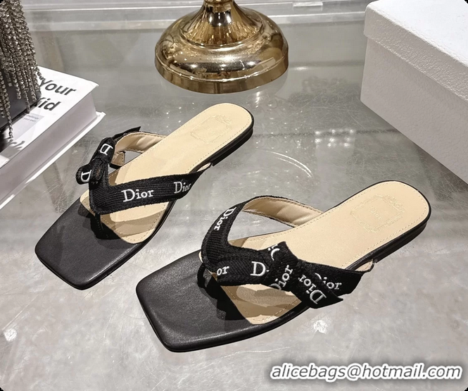 Best Grade Dior Jadior Flat Thong Sandals Black Embroidered Cotton and Trench lambskin 6070201
