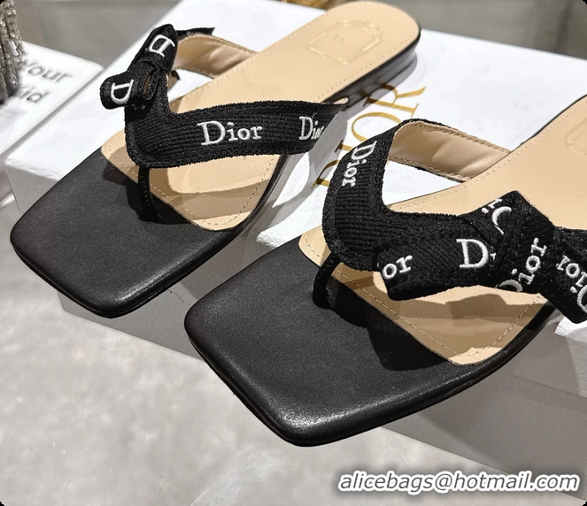 Best Grade Dior Jadior Flat Thong Sandals Black Embroidered Cotton and Trench lambskin 6070201