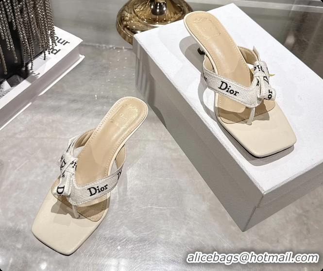 Classic Hot Dior Jadior Heeled Thong Sandals Latte White Embroidered Cotton and Trench lambskin 6070202