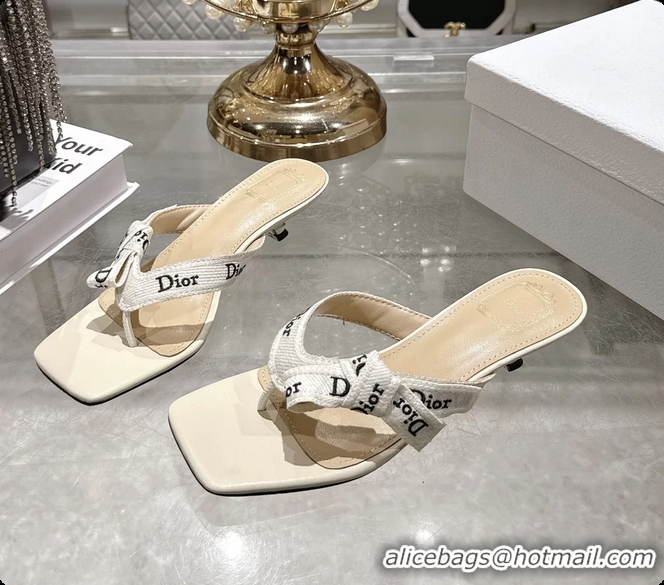 Classic Hot Dior Jadior Heeled Thong Sandals Latte White Embroidered Cotton and Trench lambskin 6070202