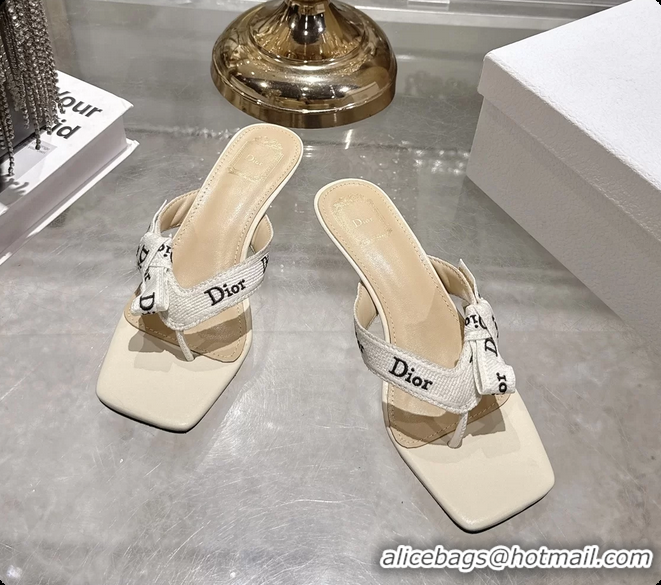 Classic Hot Dior Jadior Heeled Thong Sandals Latte White Embroidered Cotton and Trench lambskin 6070202