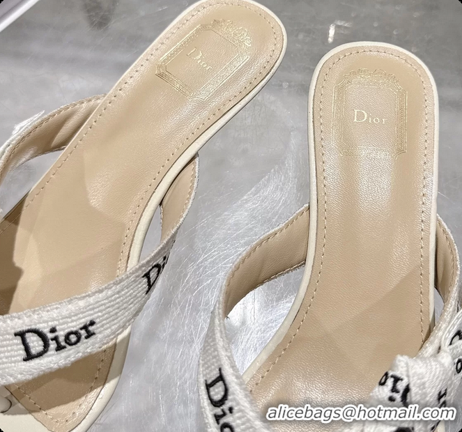 Classic Hot Dior Jadior Heeled Thong Sandals Latte White Embroidered Cotton and Trench lambskin 6070202