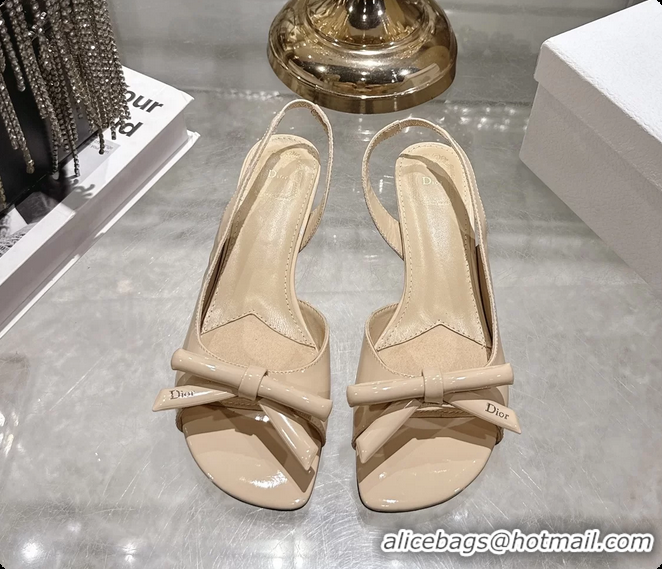 Shop Cheap Dior Bow Heeled Slingback Sandals Beige Patent Leather 35MM 6070205