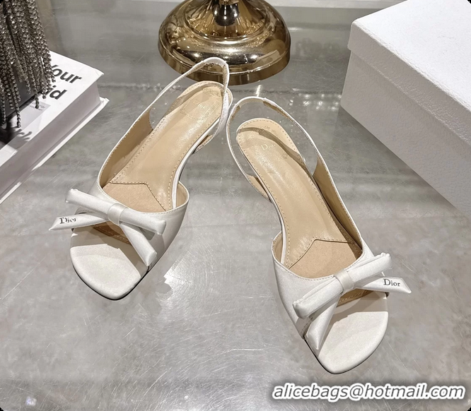 Duplicate Dior Bow Heeled Slingback Sandals White Satin Fabric 35MM 6070205