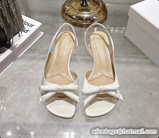 Duplicate Dior Bow Heeled Slingback Sandals White Satin Fabric 35MM 6070205