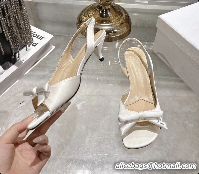 Duplicate Dior Bow Heeled Slingback Sandals White Satin Fabric 35MM 6070205