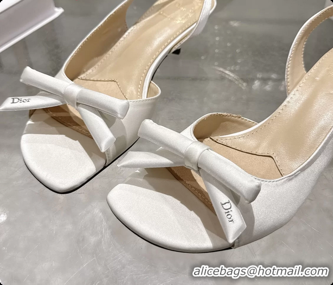 Duplicate Dior Bow Heeled Slingback Sandals White Satin Fabric 35MM 6070205