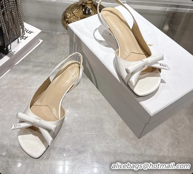 Duplicate Dior Bow Heeled Slingback Sandals White Satin Fabric 35MM 6070205